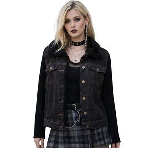 Carolyn Taylor Denim Sweater Jacket Faux Fur Collar Womens L Y2K Grunge Russia
